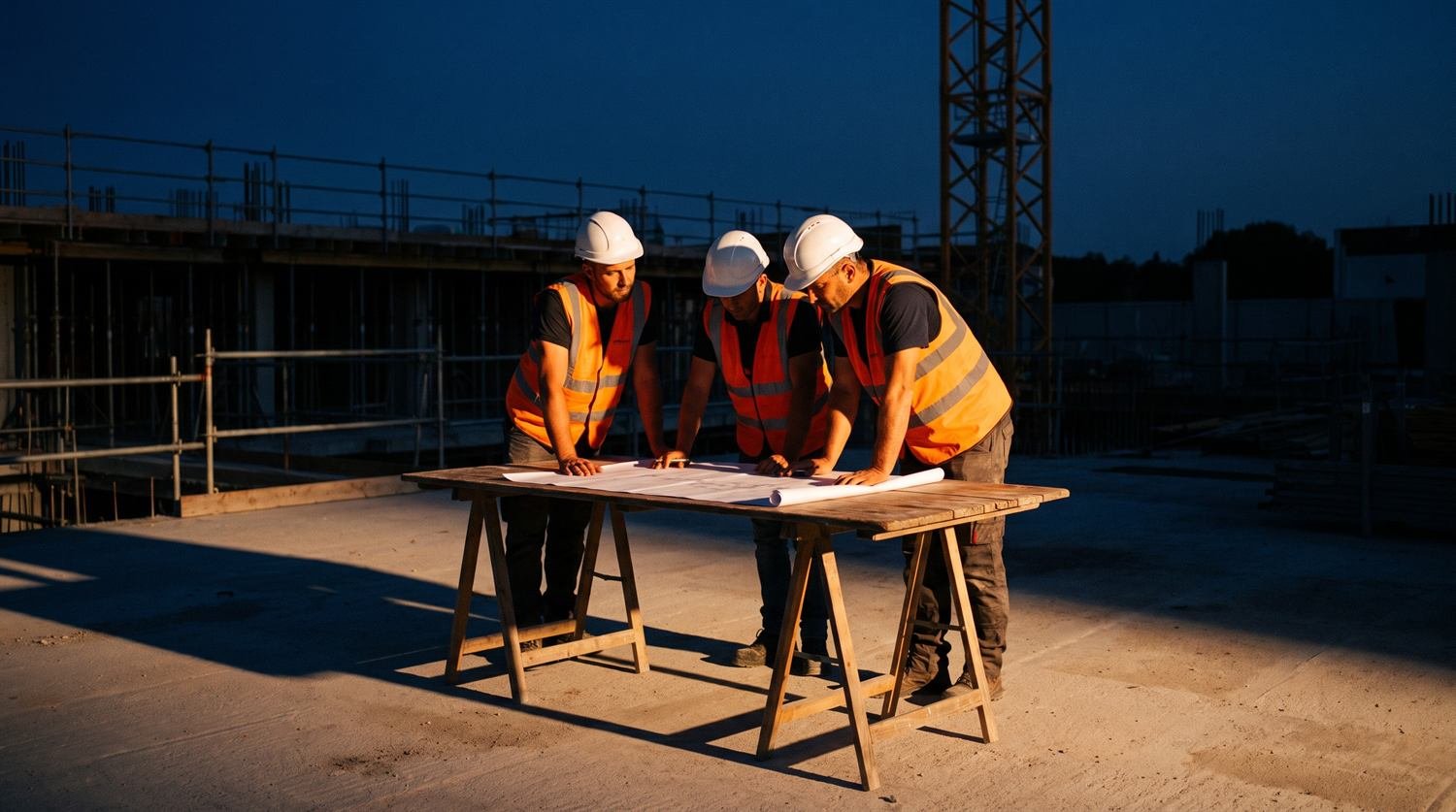 Équipe travaux réunie autour des plans sur un chantier en fin de journée
